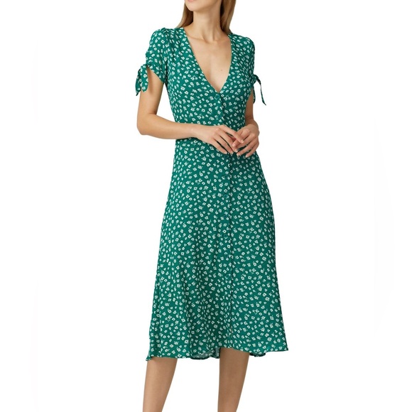 Reformation Dresses & Skirts - Reformation Green Floral Midi Dress Size 12 Puff Sleeves Cottagecore Inspired
